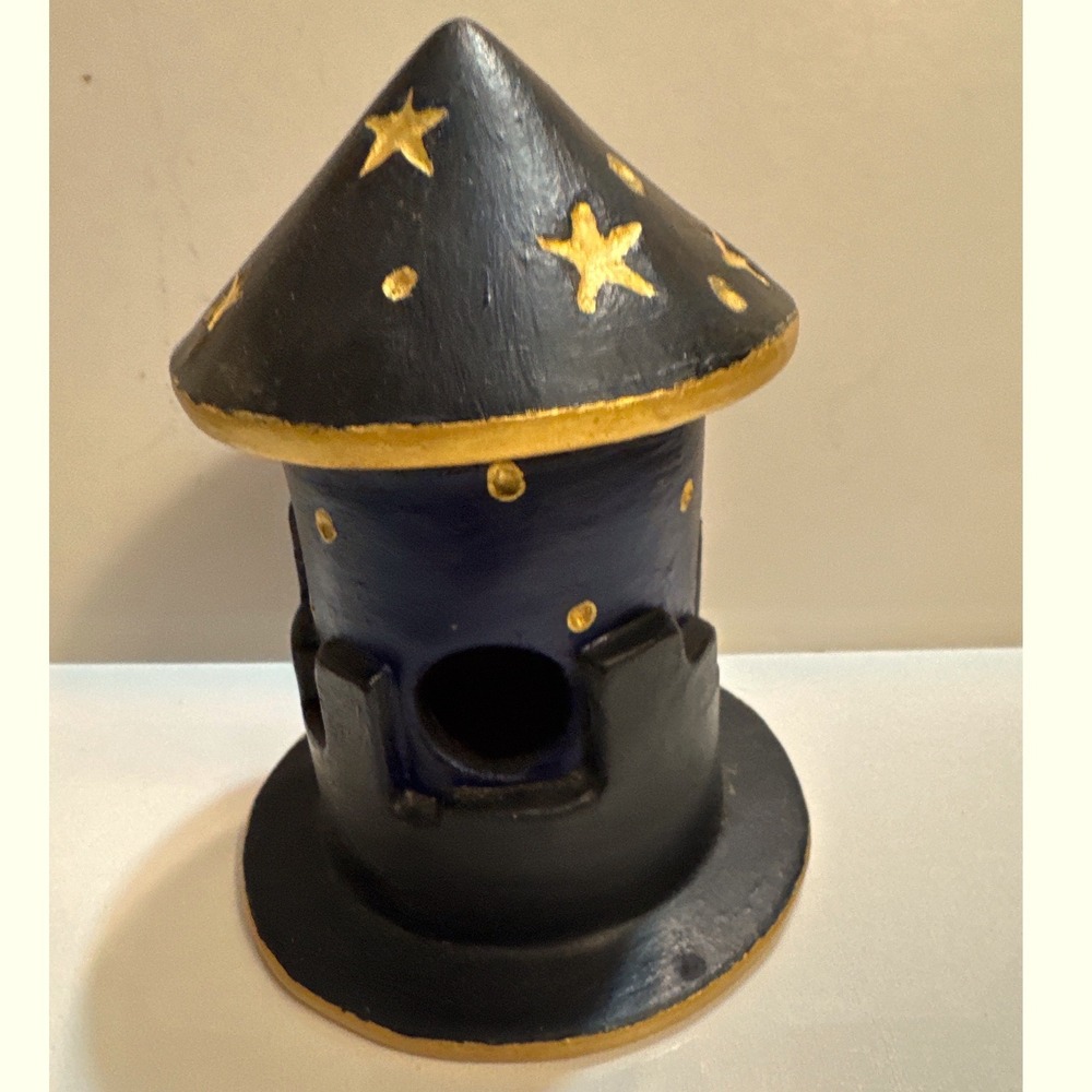 Handmade Clay Wizard Tower Miniature Fantasy Castle Black Gold Stars Moon Decor